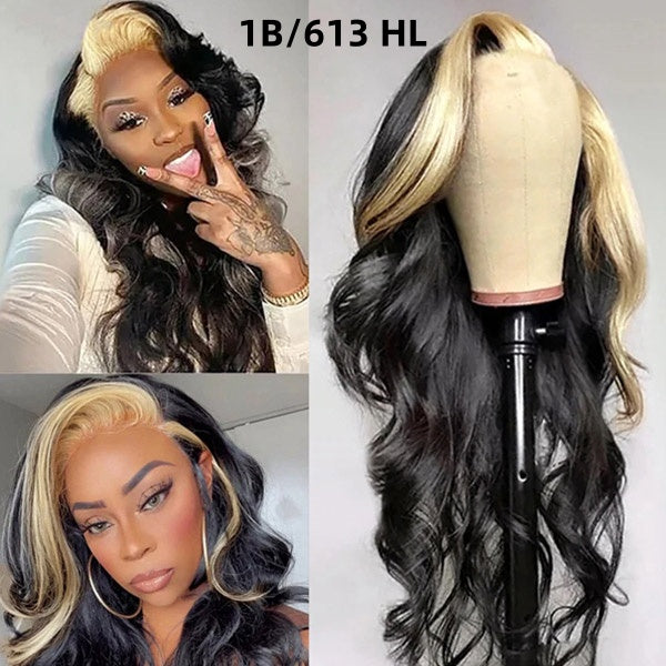 Model With 1B/613 Highlight Wig Displaying Loose Waves and Playful Pose
