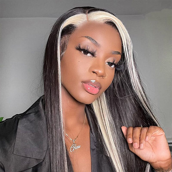 Model Displaying Sleek 1B/613 Skunk Stripe Straight Human Hair Wig