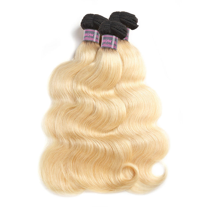 Three Ishow T1B/613 Blonde Body Wave Hair Bundles Displayed Elegantly