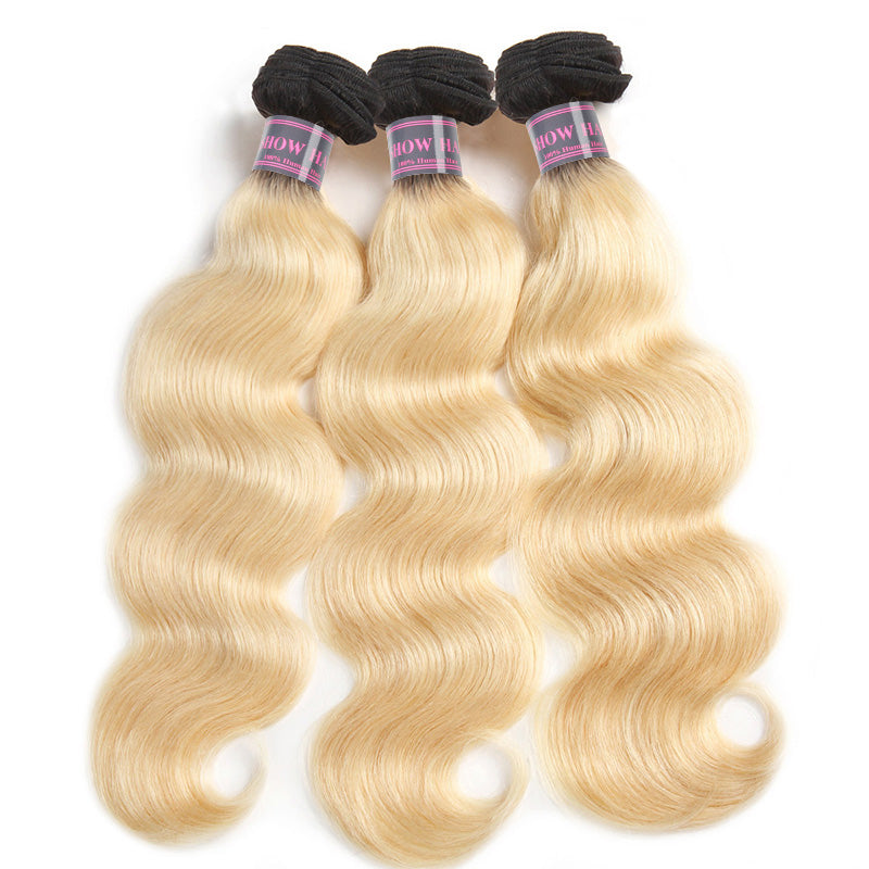 Three T1B/613 Blonde Body Wave Bundles From Ishow On a White Background