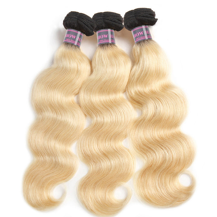 Three T1B/613 Blonde Body Wave Bundles From Ishow On a White Background