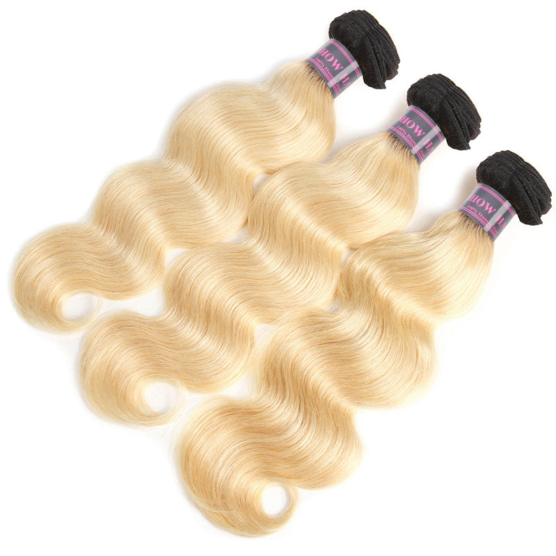 Three Ishow T1B/613 Body Wave Hair Bundles in Blonde Color On a White Background