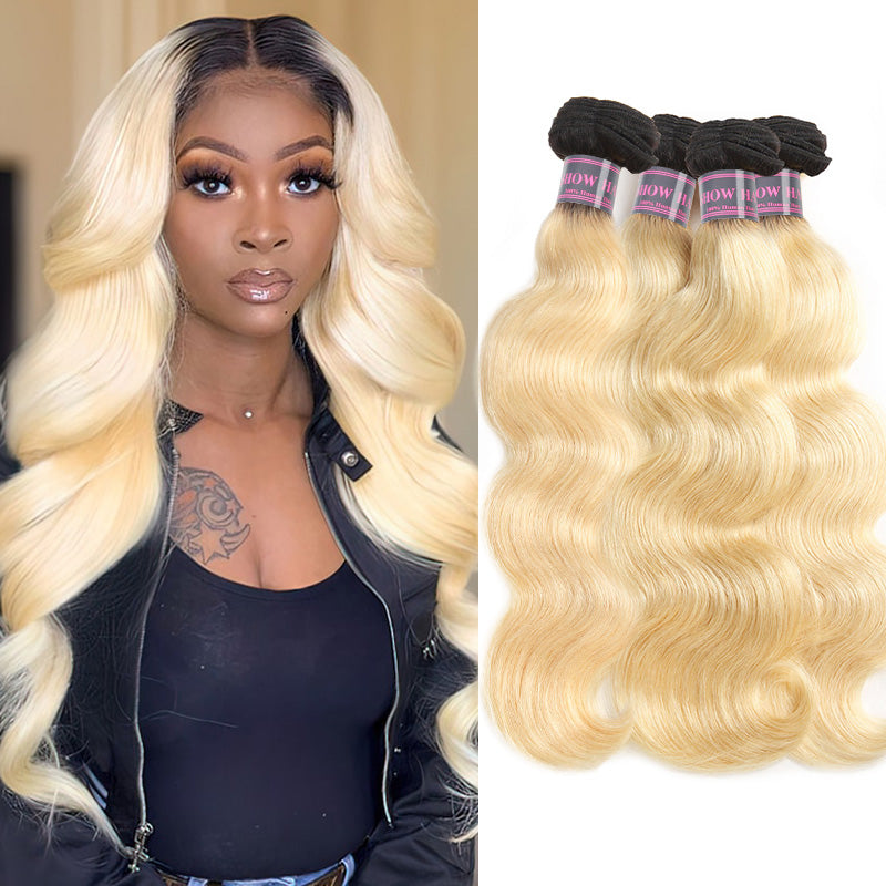 Blonde ombre body wave human hair extension bundle emphasizing top quality, cuticle hold, and healthy end features from Ishow Beauty.