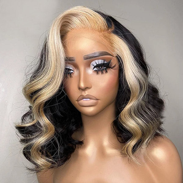 Woman wearing a body wave bob lace frontal wig with blonde skunk stripe, pre-plucked hairline, and side parting.