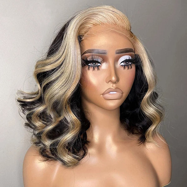 Woman Showcasing Body Wave Lace Frontal Wig With Blonde Skunk Stripe Highlights