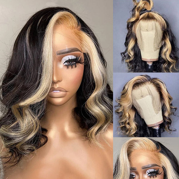 Bob Wigs Body Wave Lace Frontal Wig Blonde Skunk Stripe Hair Wig Pre Plucked