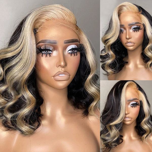 Body Wave Lace Frontal Wig in Blonde Skunk Stripes Displayed On a Model