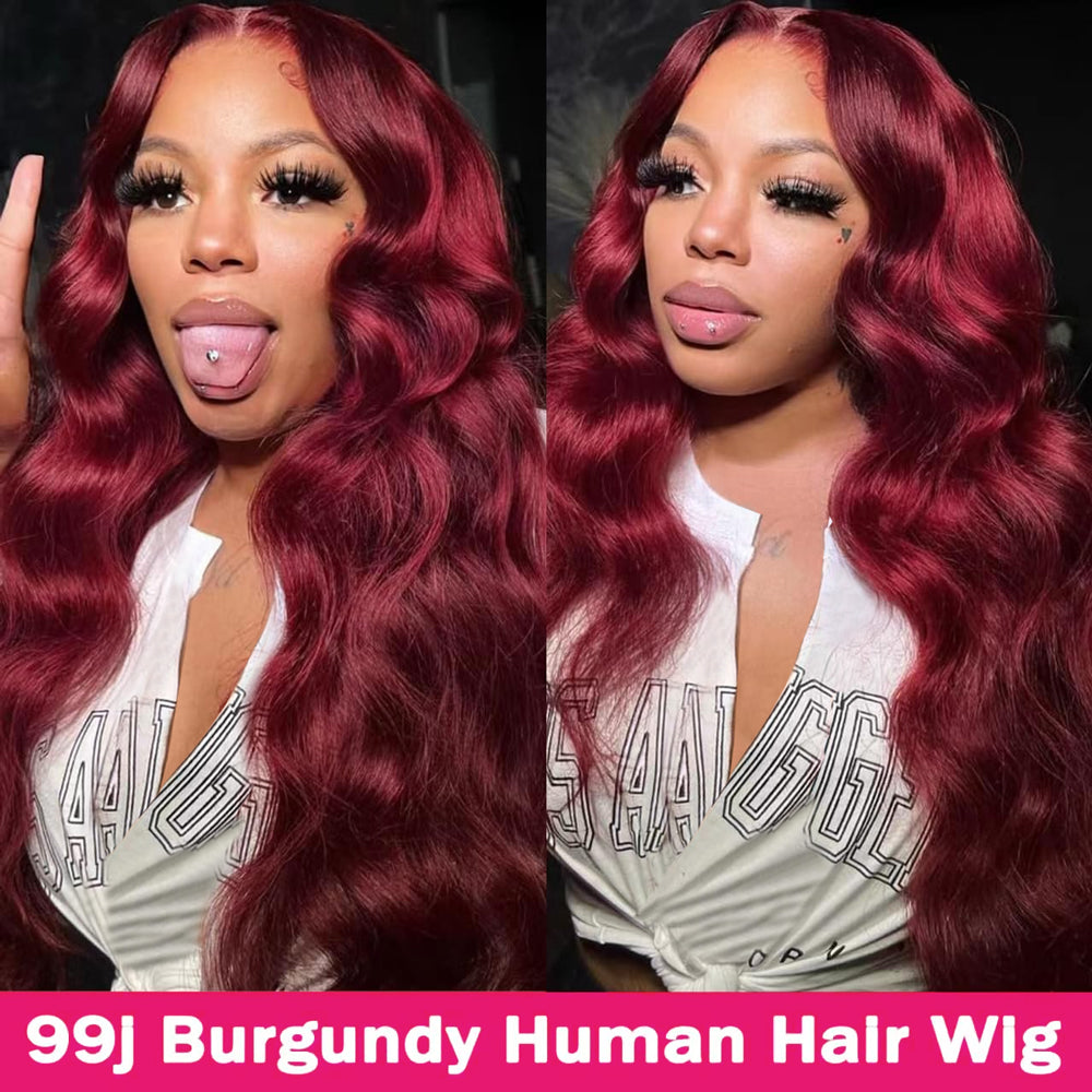 Model With 99J Burgundy Wavy Hair Wig Styled Elegantly and Playfully Sticking Out Tongue