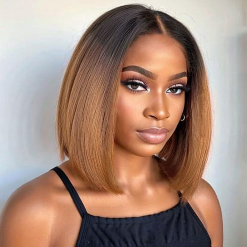 Woman with tattoos wearing Ishow 13x4 lace frontal ombre straight bob T1B/30 color wig, pre-plucked, sleek and natural look, flawless makeup