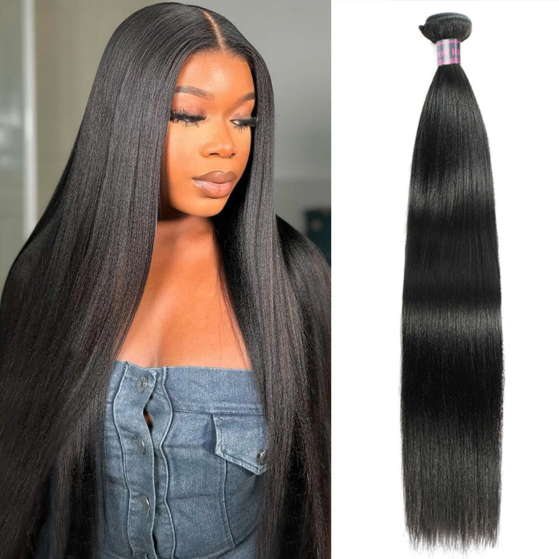 Ishow Yaki Straight Human Hair Bundles - Model With Straight Black Hair and Hair Extension