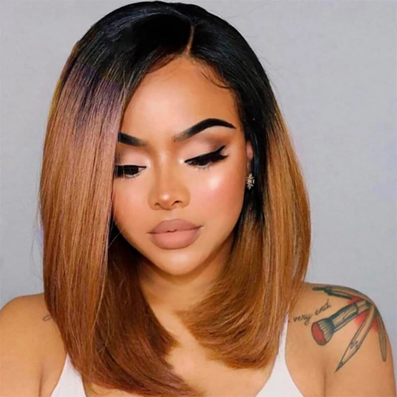 Model With T1B/30 Ombre Straight Bob Wig and Natural Makeup Look