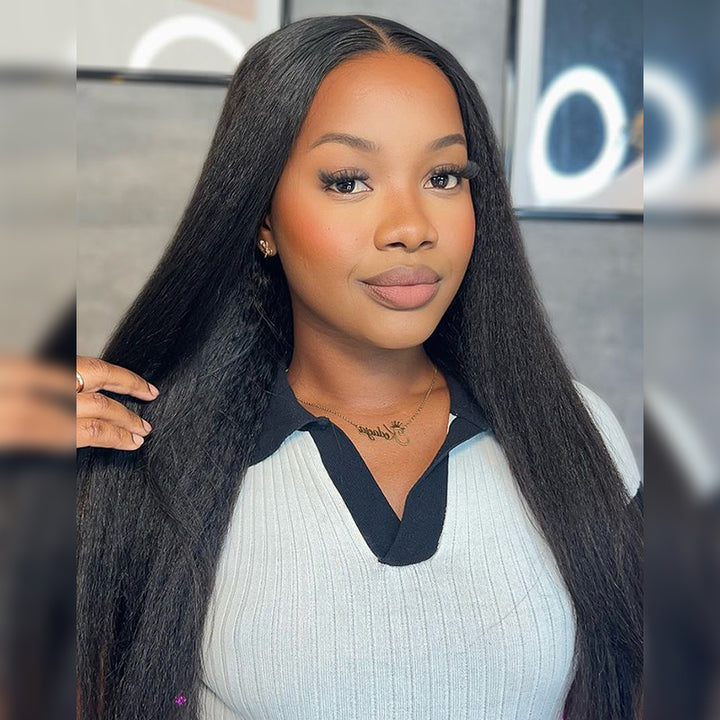 Woman With Malaysian Yaki Straight Human Hair Bundles and Closure
