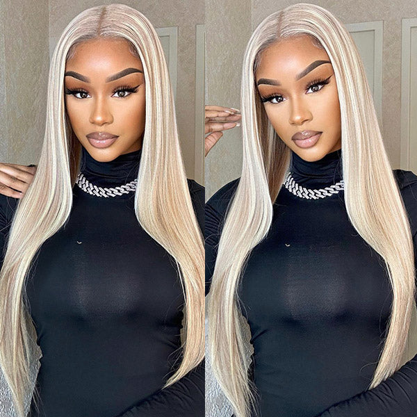 Woman With Long, Sleek Platinum Blonde Hair in Black Top, Posing Confidently