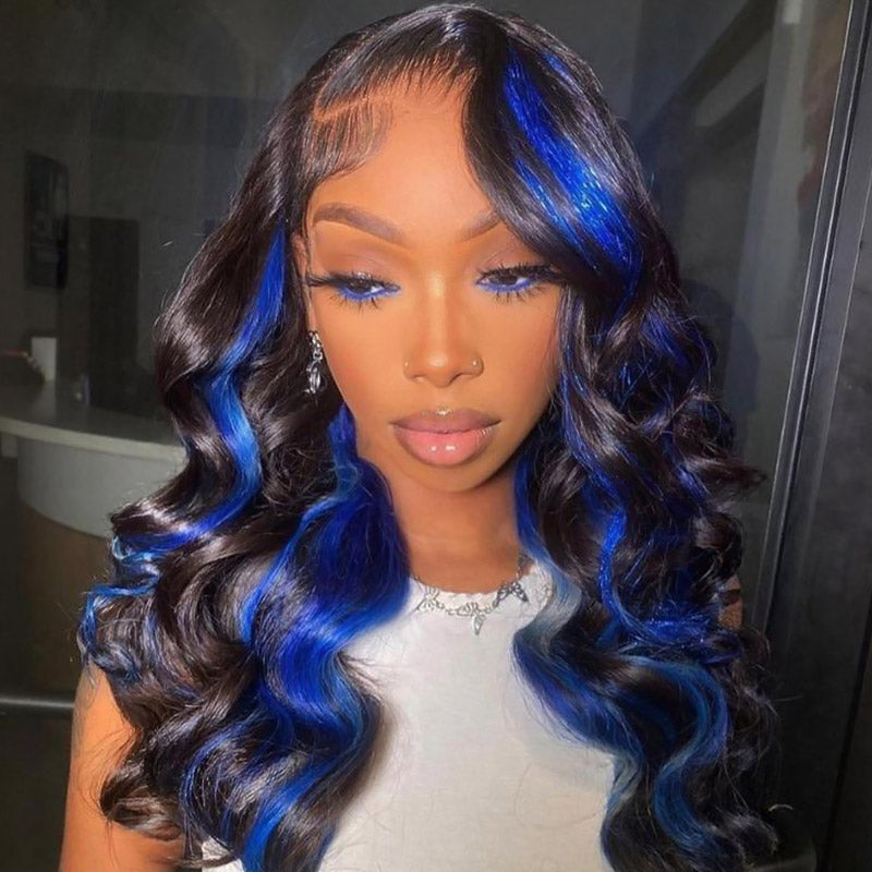 Woman With Black and Gemstone Blue Highlighted Body Wave Wig