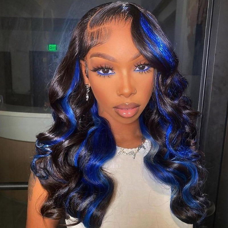 Woman wearing Ishow Black with Gemstone Blue Highlight Body Wave Human Hair Wig, showcasing pre-plucked hairline and blue highlights.