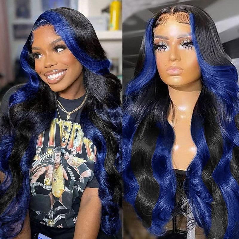 Ishow Black With Gemstone Blue Highlight PPB™ Body Wave Invisible Knots Human Hair Wigs Ready To Wear Lace Front Color Wigs