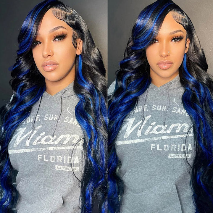 Ishow Black With Gemstone Blue Highlight PPB™ Body Wave Invisible Knots Human Hair Wigs Ready To Wear Lace Front Color Wigs