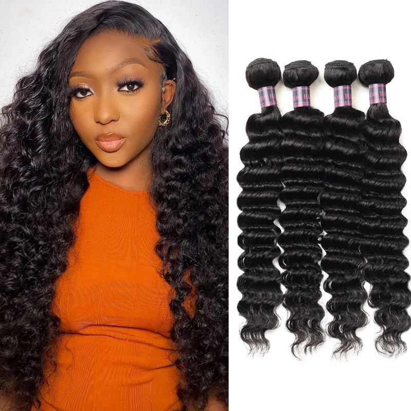 Deep Wave 100% Virgin Human Hair Bundles Displayed With Model