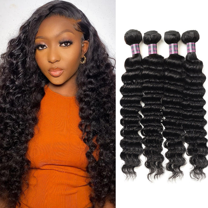Deep Wave 100% Virgin Human Hair Bundles Displayed With Model