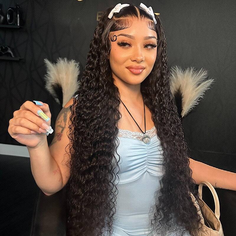 Model Wearing 18 Water Wave Human Hair Wig Promoting Natural Look