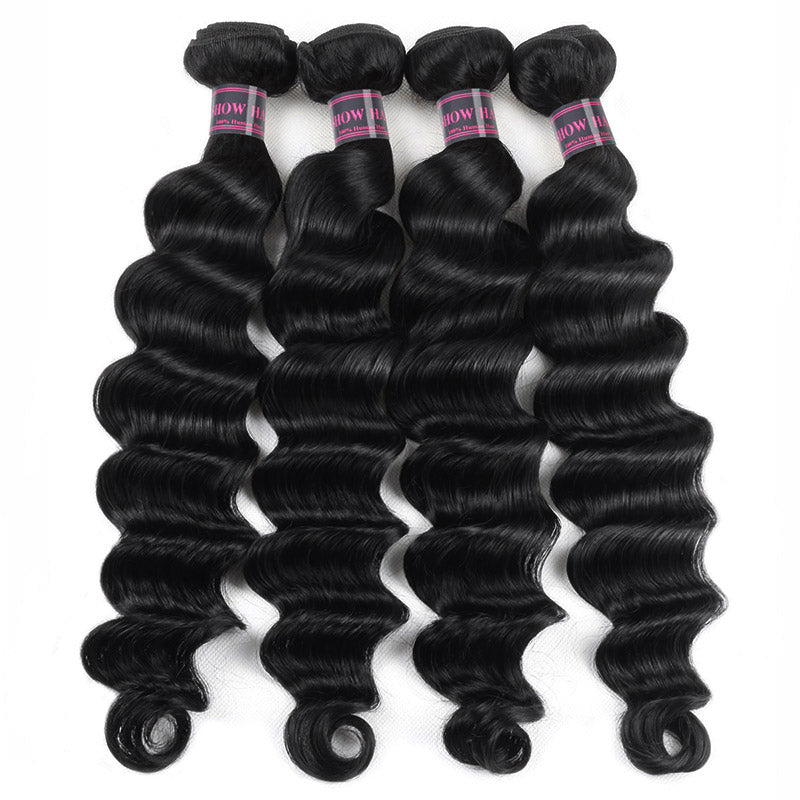 Four Wavy Jet Black Human Hair Bundles Showcasing Soft, Luxurious Texture