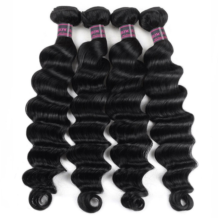 Four Wavy Jet Black Human Hair Bundles Showcasing Soft, Luxurious Texture