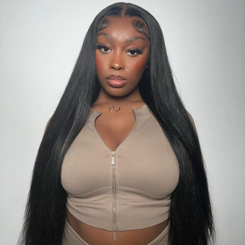 Model With Sleek, Straight Ishow Hair Black Lace Frontal Wig Style, Showcasing Its Elegance