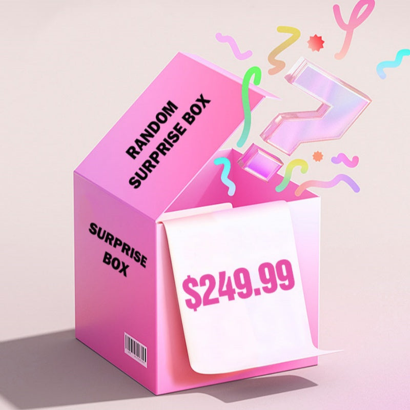 $249.99 Surprise Box with colorful streamers popping out, labeled 'RANDOM SURPRISE BOX'