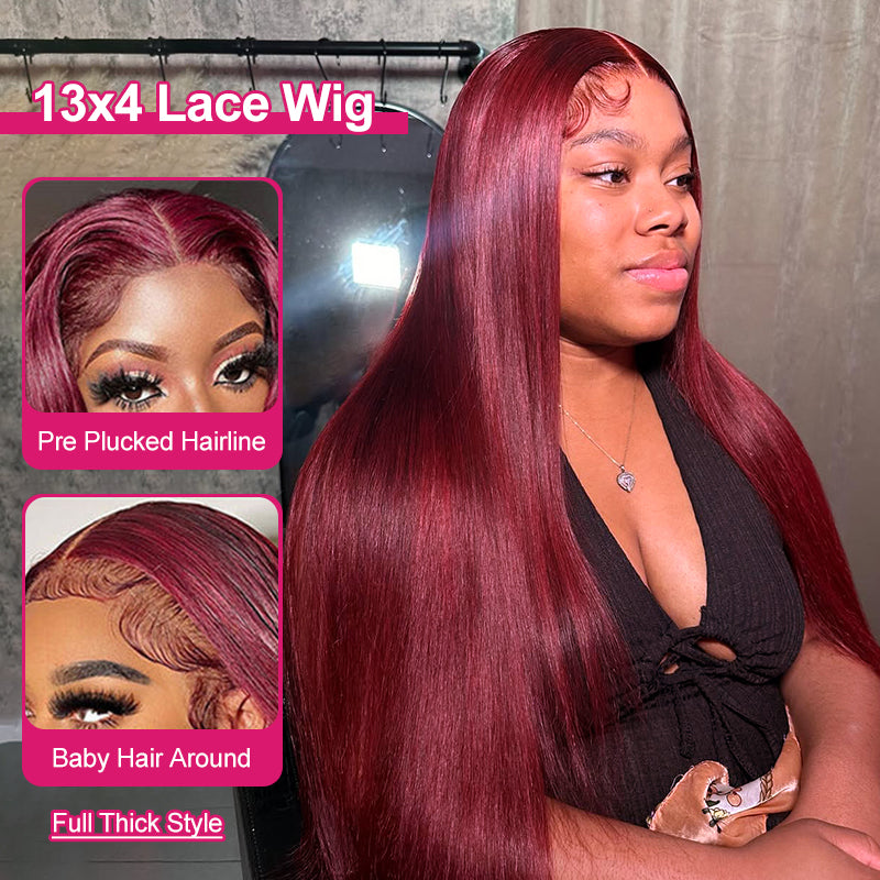 Burgundy Lace Front Wigs 32 Inch HD Human Hair Wigs Straight Colored Wigs With Baby Hair