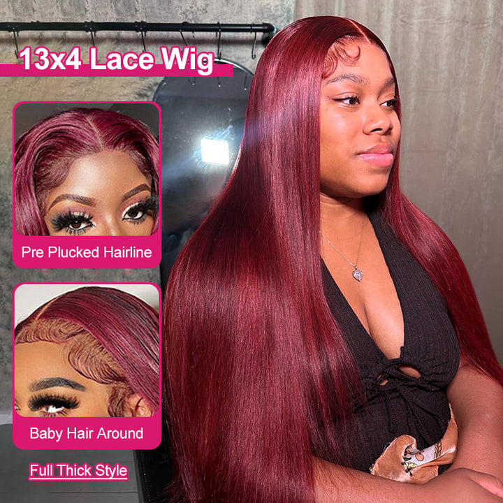 Burgundy Lace Front Wigs 32 Inch HD Human Hair Wigs Straight Colored Wigs With Baby Hair