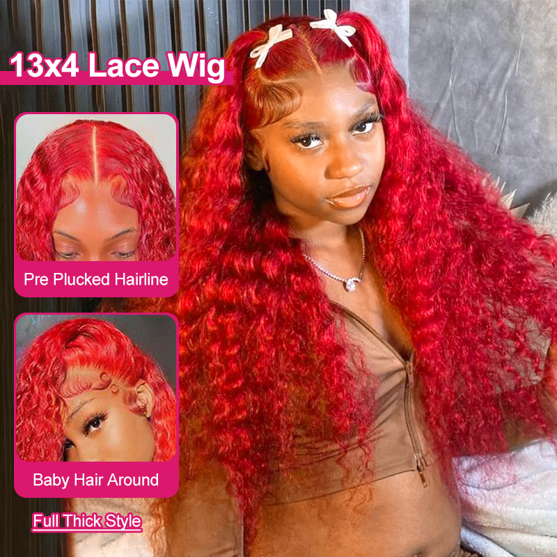 Woman With Shiny Red Deep Wave Human Hair Wig Styled Naturally
