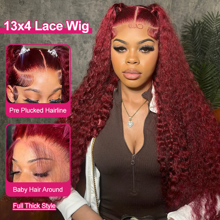 32-Inch 99J Burgundy Deep Wave HD Lace Frontal Wig Displayed On Mannequin and Model