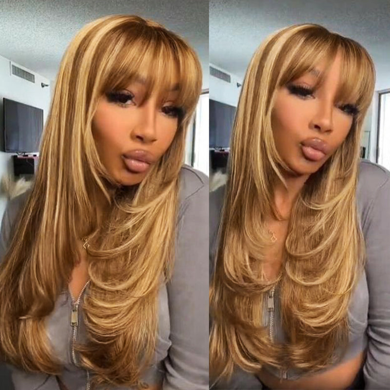 Ishow Beauty P4/27 Honey Blonde Color No Lace Straight Human Hair Wigs With Bangs - IshowHair