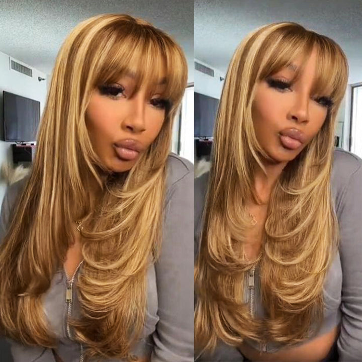 Ishow Beauty P4/27 Honey Blonde Color No Lace Straight Human Hair Wigs With Bangs - IshowHair
