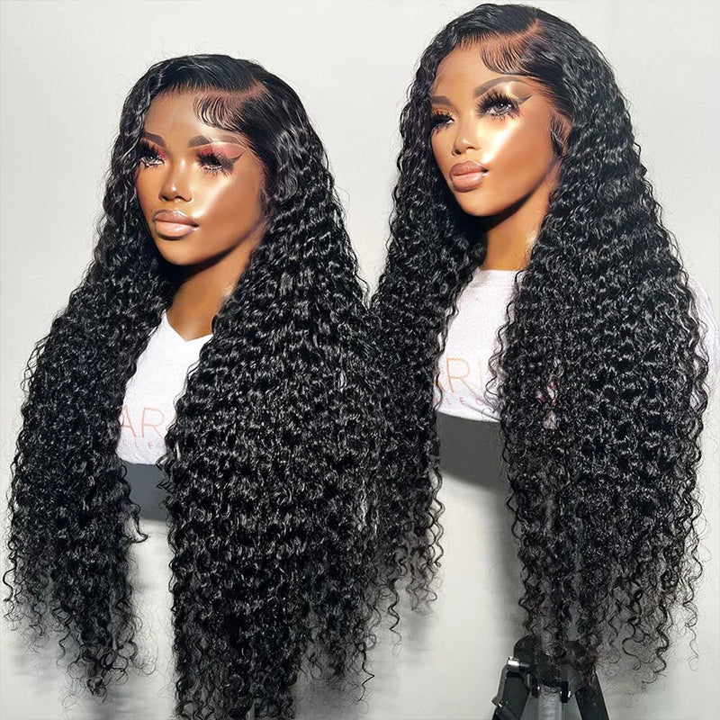 Model With Long, Deep Wave Human Hair Wig in Natural Black Color