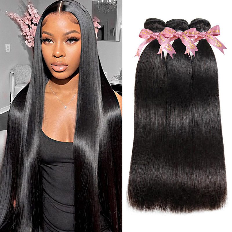 Model Showcasing Ishow 12a Grade Straight Black Hair Bundles With Pink Ribbons