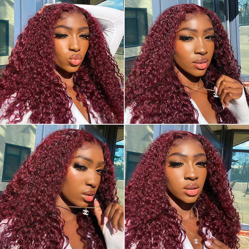 Model Wearing 99J Burgundy Deep Wave Wig, Showcasing Various Styles and Glossy Curls