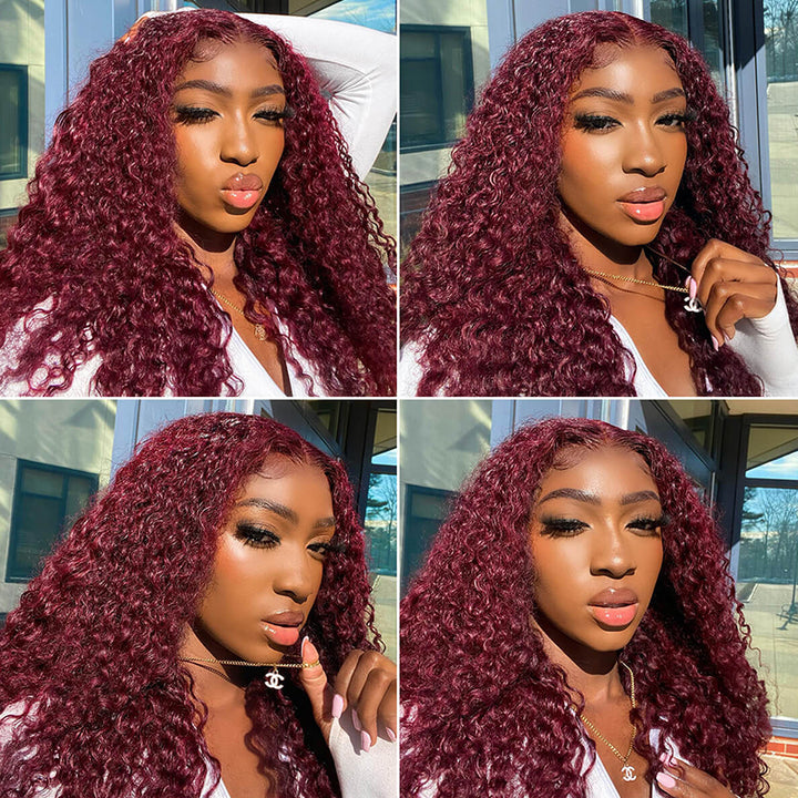Model Wearing 99J Burgundy Deep Wave Wig, Showcasing Various Styles and Glossy Curls