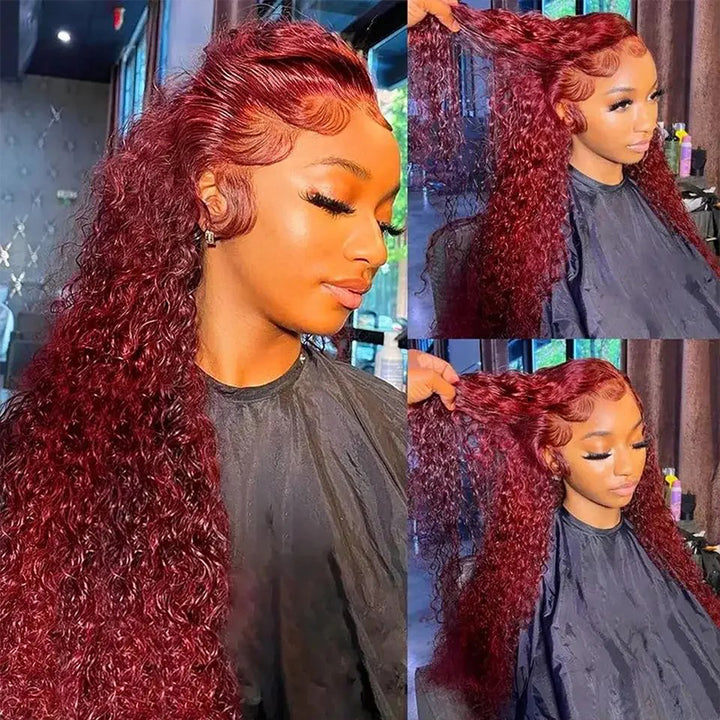 32-Inch 99J Burgundy Deep Wave HD Lace Frontal Wig Displayed On Mannequin and Model