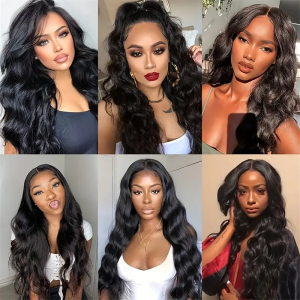 Women Modeling Different Deep Wave Human Hair Wigs in Natural Black Color