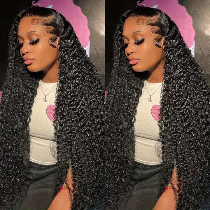 Model With Long, Natural Brazilian Curly Hair Wig Showcasing Defined Curls and Pre-Plucked Hairline