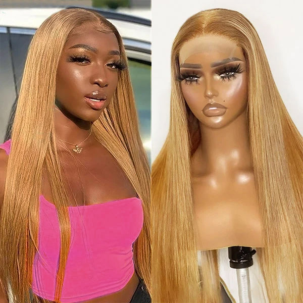 Model Wearing Straight Honey Blonde Wig Alongside a Mannequin Display