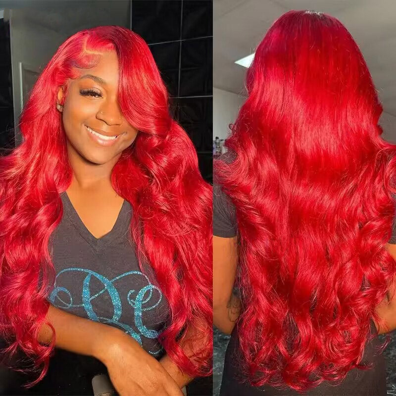 Woman Showcasing Luxurious Red Body Wave Lace Front Wig With Flowing Curls