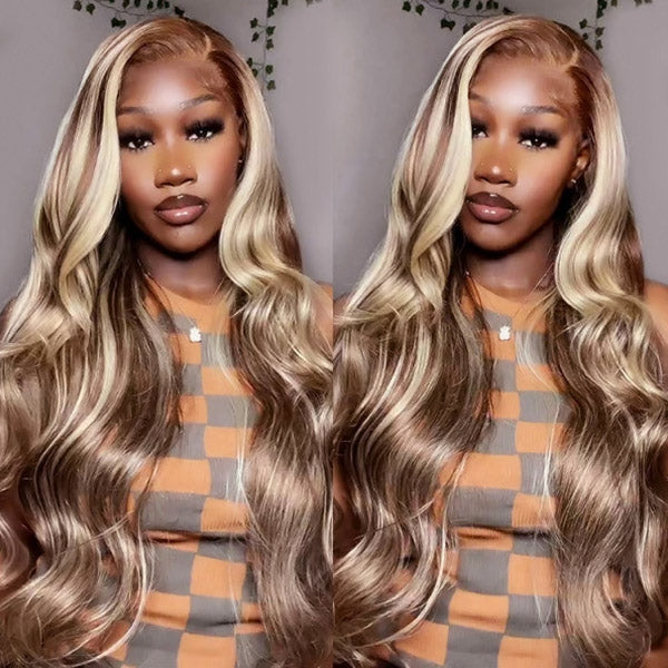 Model Wearing a Brown and Blonde Body Wave Wig, Featuring Long, Flowing Curls