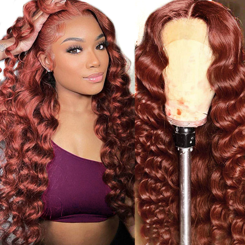 Auburn Loose Deep Wave Lace Frontal Wig Displayed On a Mannequin and Styled On a Model