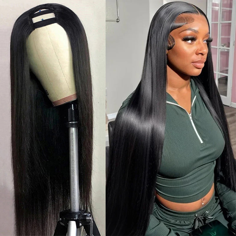 Long Straight Human Hair Wig On a Mannequin and Model Showcasing Natural Look