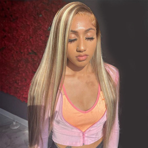 Wig With Brown and Blonde Highlights Worn By a Model With Straight Hair