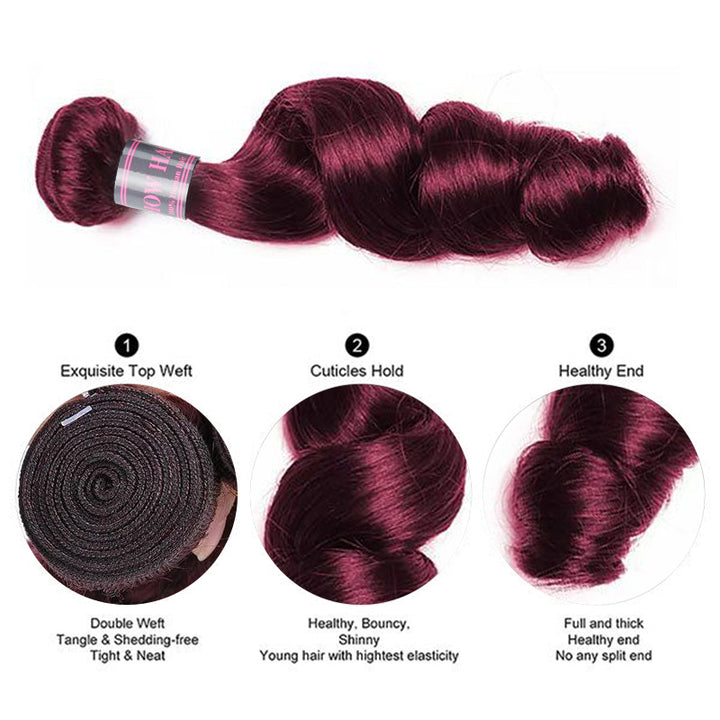 Burgundy #99J Loose Wave Bundles Human Hair, Features Detail