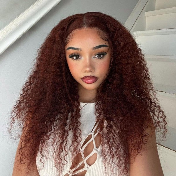 Model Wearing 30-Inch Auburn Deep Wave Wig With Curly Texture and Natural Look