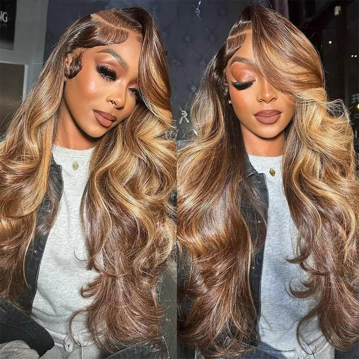 28-Inch P4/27 Honey Blonde Highlights Styled Lace Front Wig Model